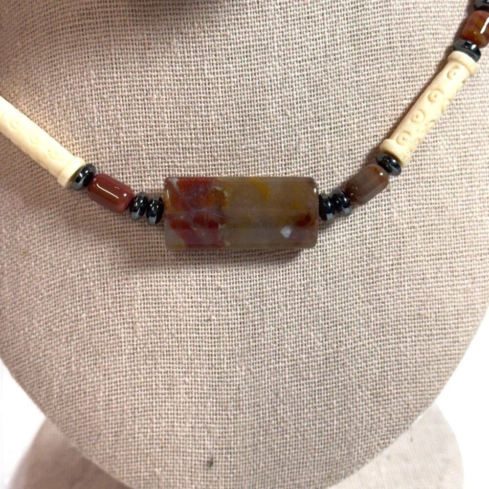 Handcrafted Beaded Necklace Jasper Stone Centerpiece Carved Bone Accents 16"